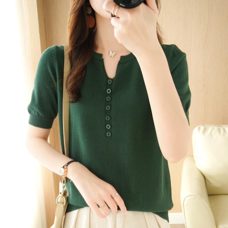 Summer Cotton Linen V-neck Half Sleeved T-shirt for Women, Loose Linen Solid Color Short Sleeved Button Up Top, Cotton Outerwear