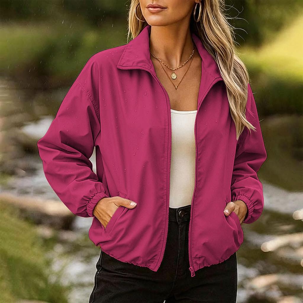 Women's Color Long Sleeve Hooded Zip-Up Jacket with Pockets