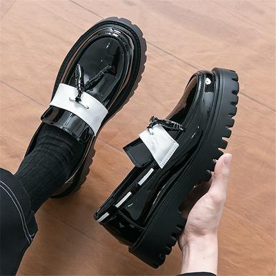 Fashion Designer Men's Black White Mixed Leather Height Increasing Casual Shoes Male Tassels Loafers Formal Flats Dress Footwear