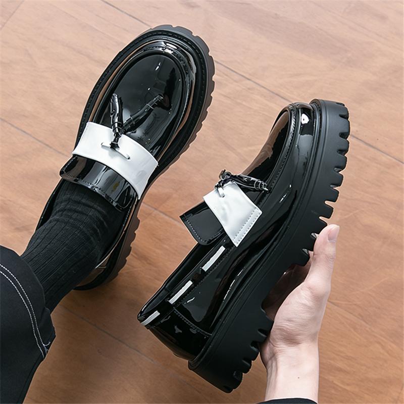 Fashion Designer Men's Black White Mixed Leather Height Increasing Casual Shoes Male Tassels Loafers Formal Flats Dress Footwear