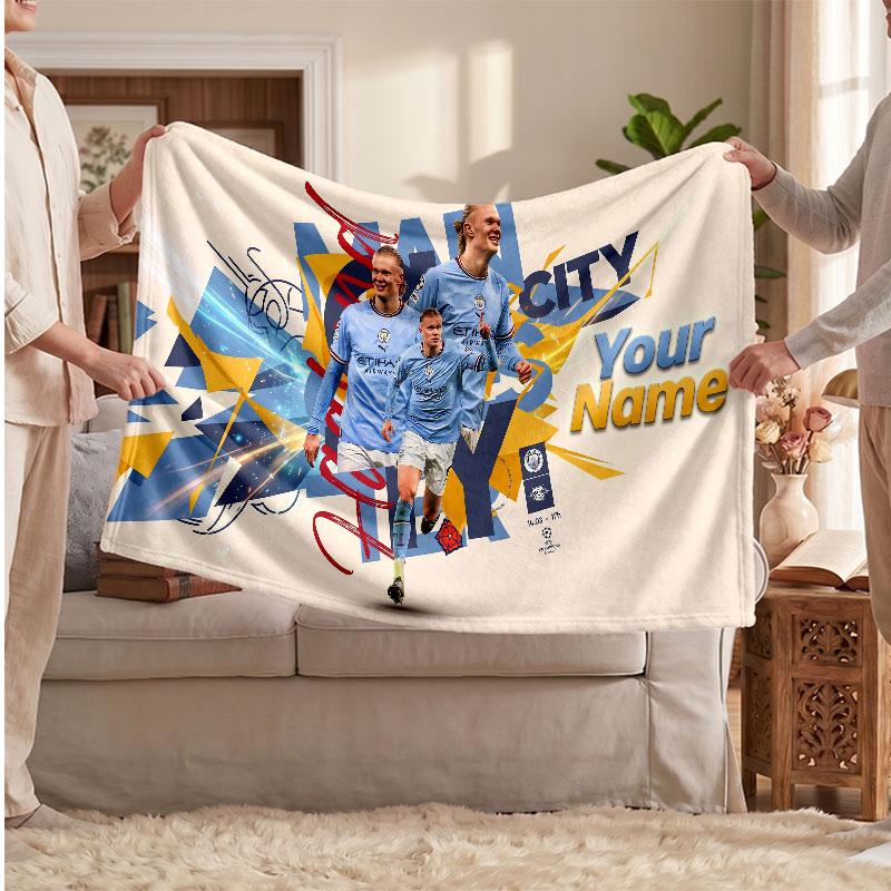 Erling Haaland Personalized Fleece Blanket With Football Logo, Custom Name Text Soft Warm Home Throw Blanket