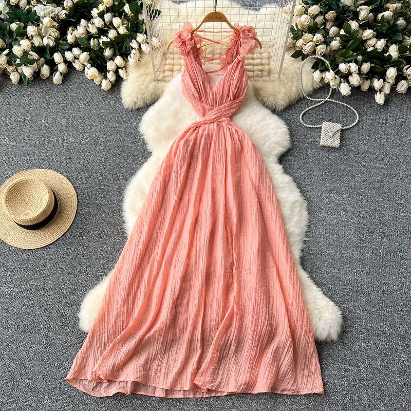 

Sexy Ruffle Sleeveless Backless Dress Female Scheming Hollow-out Midriff Slim Looking Elegant French Style Vacation Fairy Dress Pink All yards