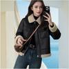 Retro Leather Jacket Women's Autumn and Winter Temperament Thickened Splicing Lapel Fur Integrated Jacket
