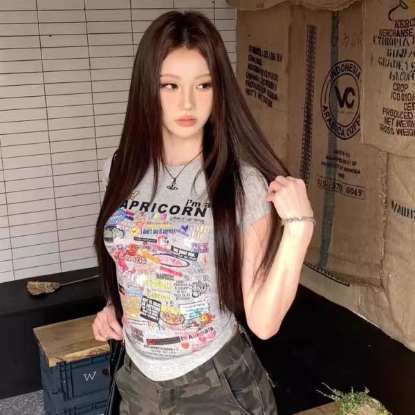 

Spicy Girl Irregular Cartoon Print Slim Fit T-Shirt - Women s Short Sleeve Summer Top L (Premium Edition)