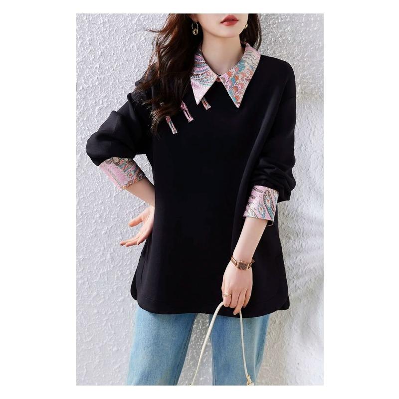 Ретро жаккардовый свитшот с дисковой пуговицей женский осенний новый свободный темпераментный топ одежда S