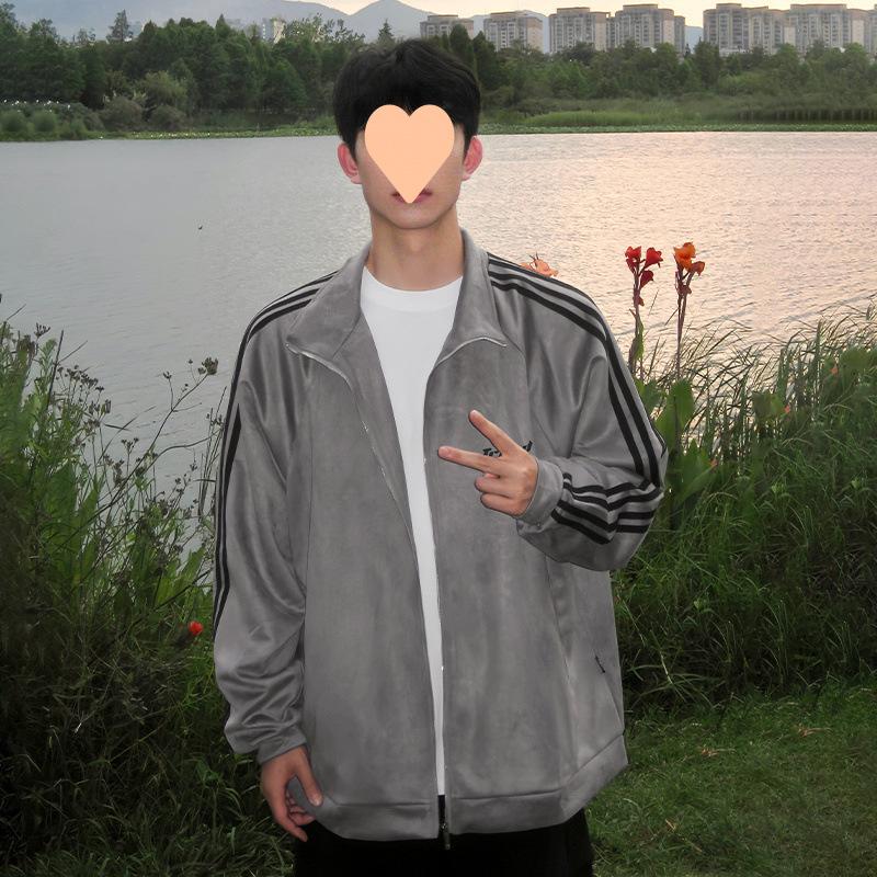 Autumn New Raglan Striped Suede Jacket for Men, Loose, Casual and Versatile Stand-up Collar Jacket