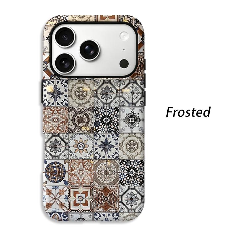 Vintage Moroccan Geometric Patchwork Tile Art Graphic Film Aesthetic Protective Shockproof Bumper Phone Case Cover For iPhone 14 15 16 Pro Max Plus