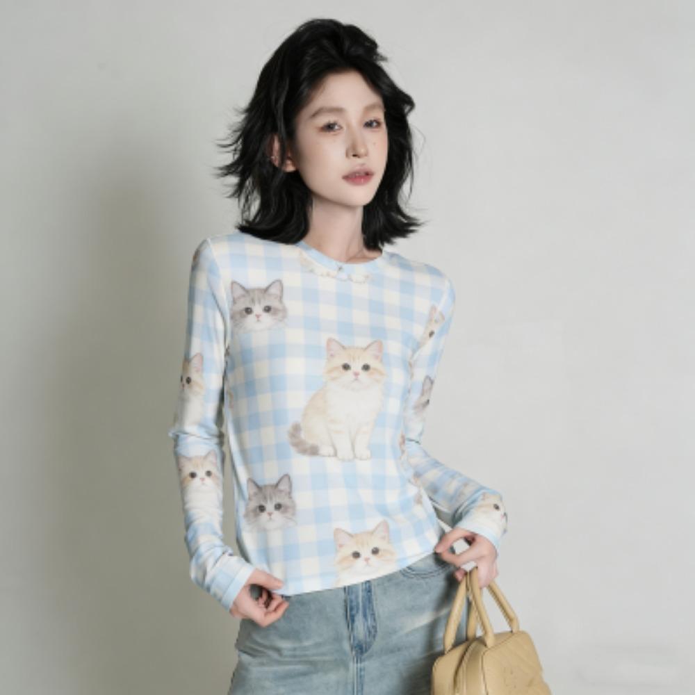 Spring Europe America Fashion Animal Cat Print Women's T-shirt Casual Pullover Women Long Sleeve Clothing Outdoor Casual Tees Top