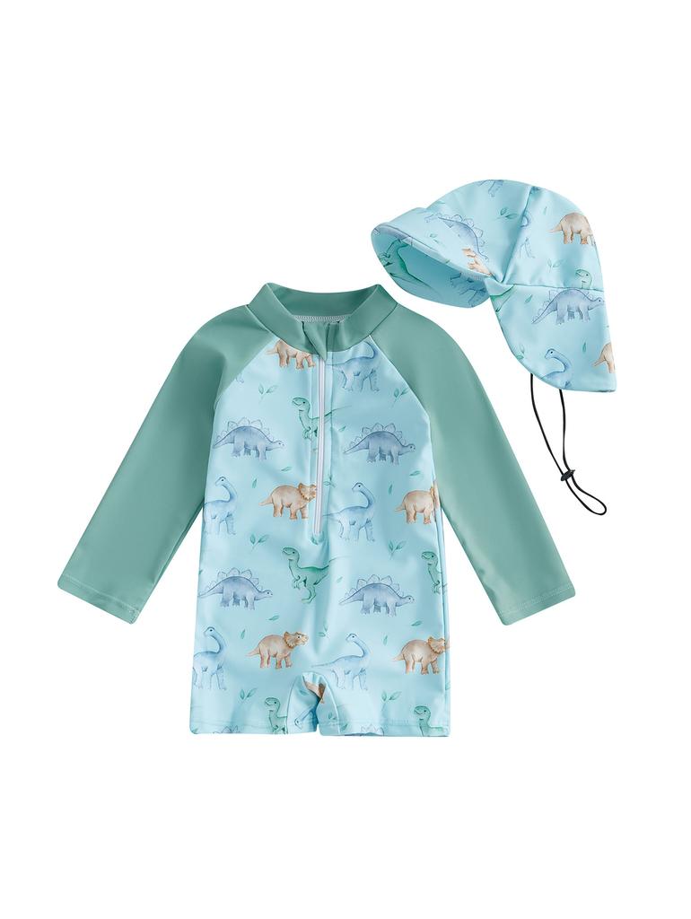 Children's One-piece Swimsuit Boys' Sun Protection Long-sleeved Baby Cartoon Swimsuit Quick-drying Baby Swimsuit Hooded Sun Protection
