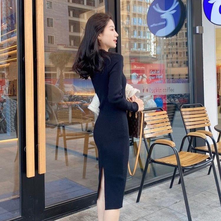 

Women s Black Slimming Bodycon Dress - Long Sleeve, Round Neck, Back Slit, Autumn/Winter. XS (recommended 35-40 kg) чёрный