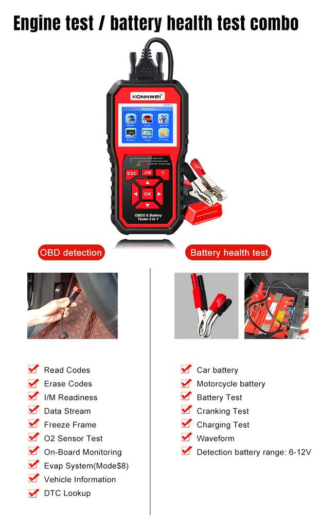 Diagnostic meter OBD2 scanner battery tester Konnwei KW870