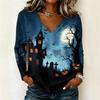 Womens Halloween Long Sleeve Pullover Top V Neck Casual Halloween Haunted House Print Sweatshirt Lightweight Pullover Shirt