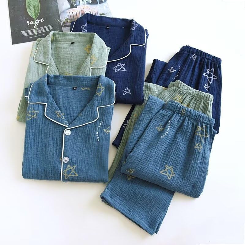 Double Gauze Long Open Simple and Loungewear and Pants Star Perfect for and Perfect as Loungewear or S-Lifeeling Men's Pajamas, 100% Cotton, Sleeves,