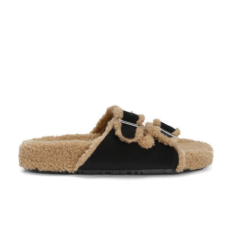 

[] Moonset Girl~ Thick-bottomed double-buckle with lamb wool slippers for women 35 чёрный