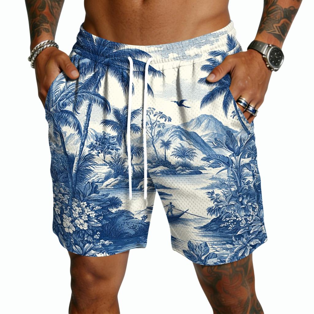 Mens Casual Drawstring Shorts Lightweight Quick Dry Five Inch Shorts with Elastic Waistband and Hawaiian Print for Summer Beachwear