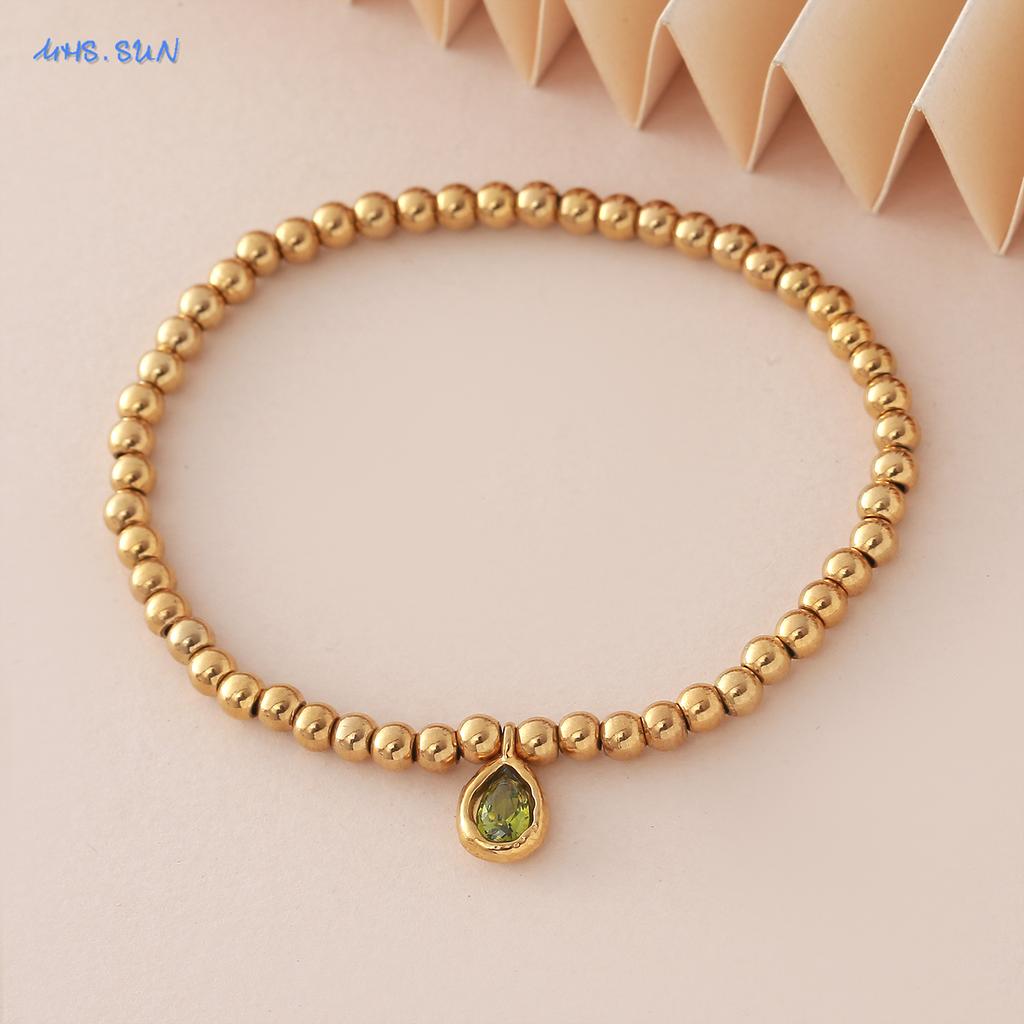 MHS.SUN Stainless Steel Gold Plated 12 Months Birthstone Beaded Bracelets For Women Men Zircon Water Droplet Charm Trend Jewelry