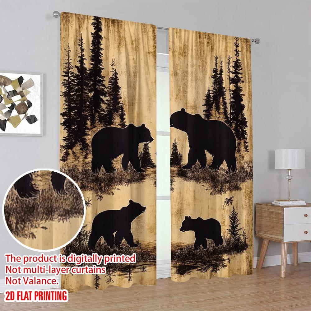 2D Flat Printing 2pcs Retro Bear Pattern Window Drapes Rod Pocket Design For Easy Installation Window Curtain For Living Room