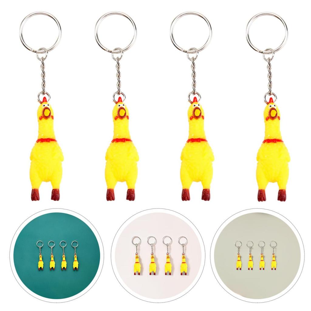 Set of 4 Screaming Surprise Chicken Keychains Miniature Stress Reliever Keyrings Perfect for Cell Phones and Bags - -