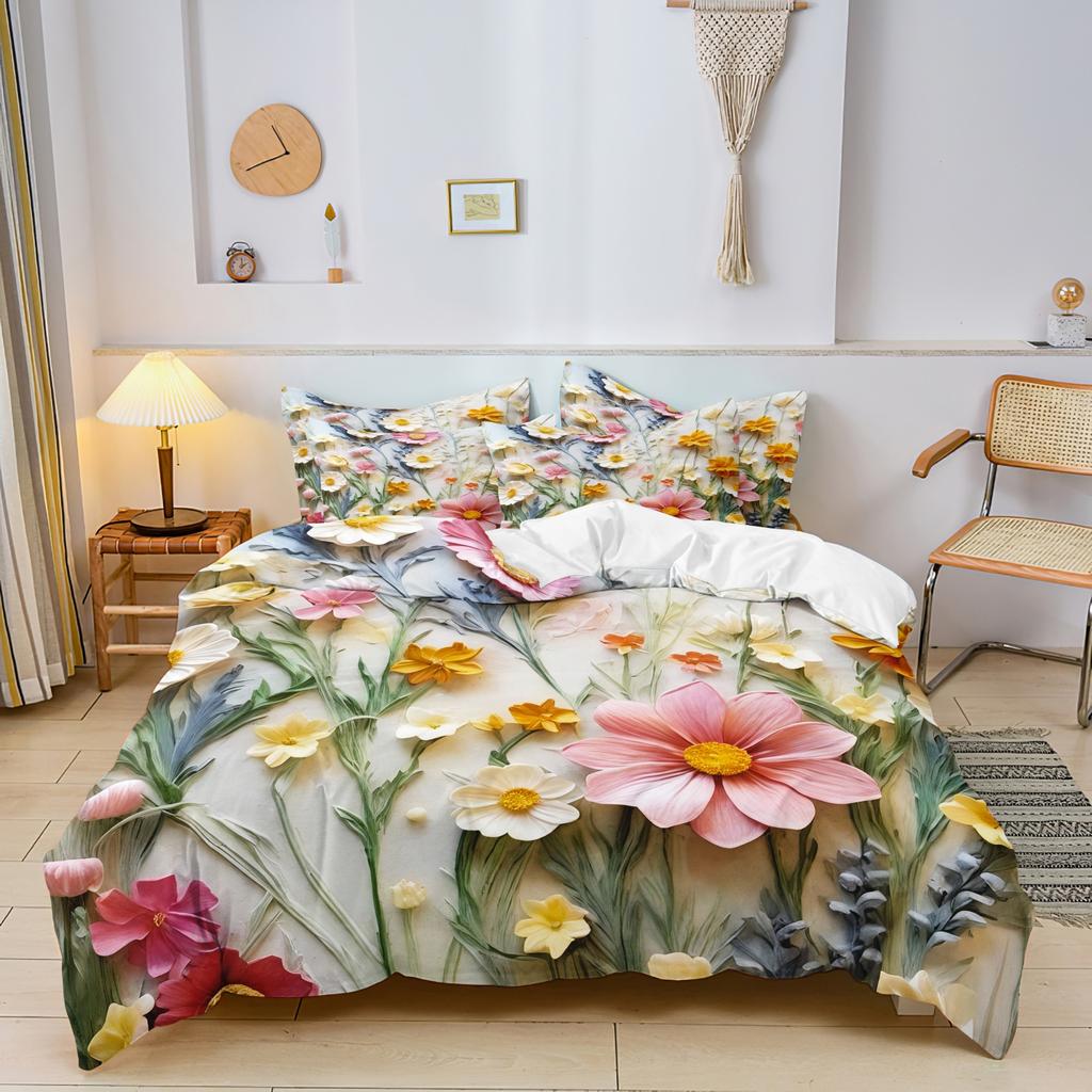 3pcs Colorful Floral Plant Pattern Ultra-Soft Brushed Digital Print 3D Flat Printing Duvet Cover  Set, Soft and Comfortable