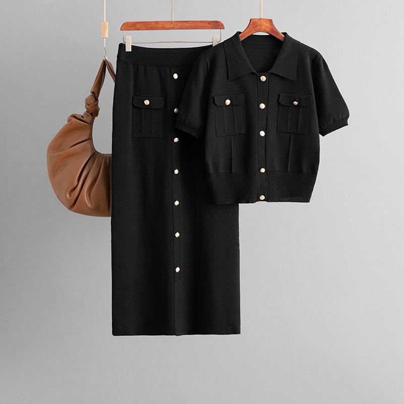 Ensemble Mode Petit Parfum Col Rabattu Cardigan Tricoté d'Été Haut Jupe Mi-longue Ensemble Deux Pièces