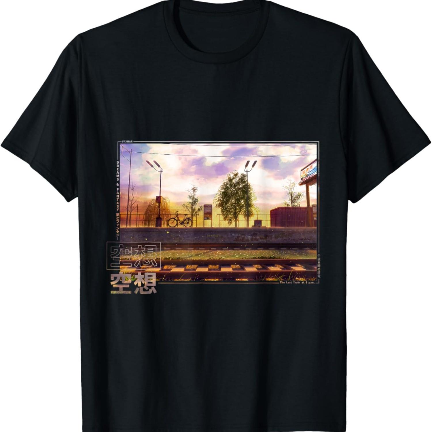 

Anime Train Station in vaporwave aesthetic retro 80 s 90 s T-Shirt S чёрный