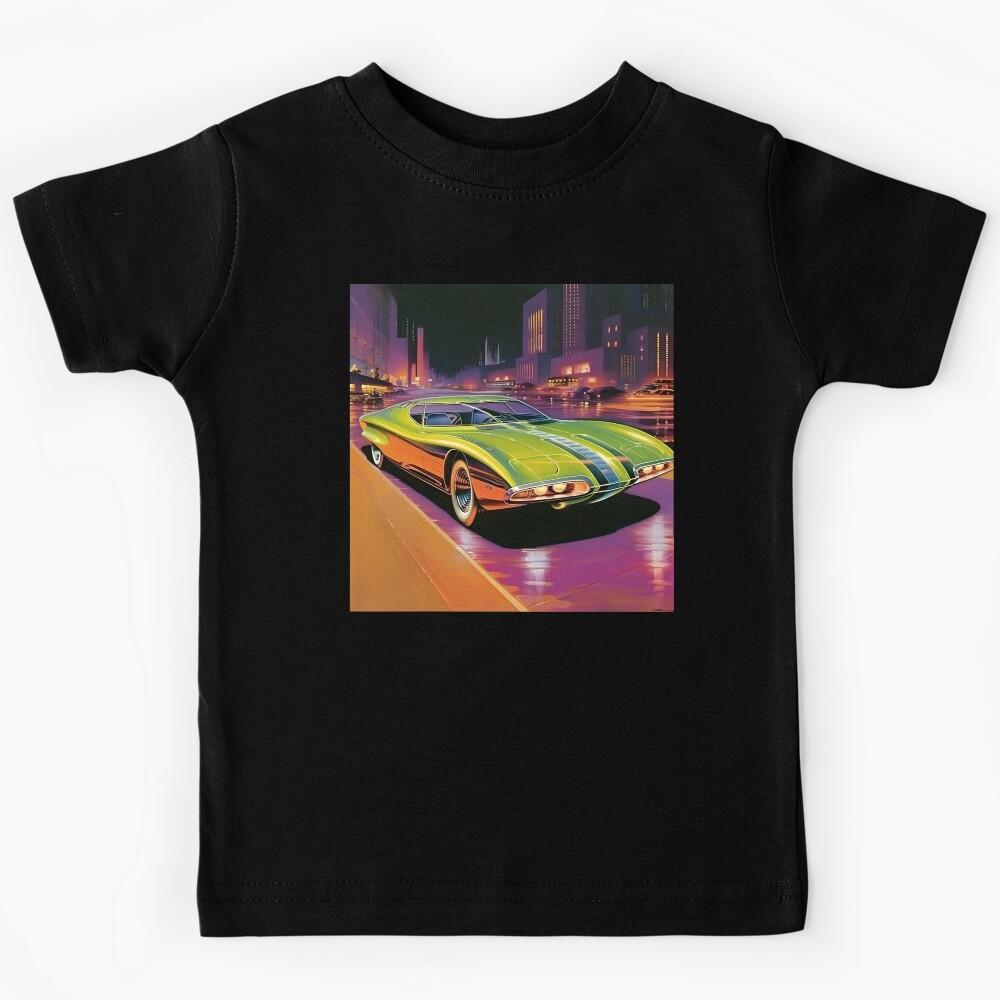 Retro Futuristic Green Car and Night City of the Future Kids T-Shirt 100