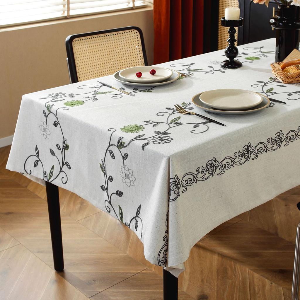 Country Tablecloth Striped Embroidery Flower Linen Heavy Duty Cover Kitchen Dining Table Cloth Home Textiles