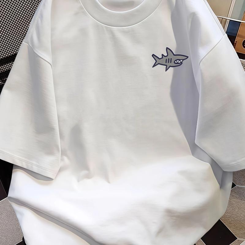 Men Cotton T-Shirt White Retro Vintage Oversized Fit with Shark Graphic Print, Round Neck Short Sleeve Casual Summer