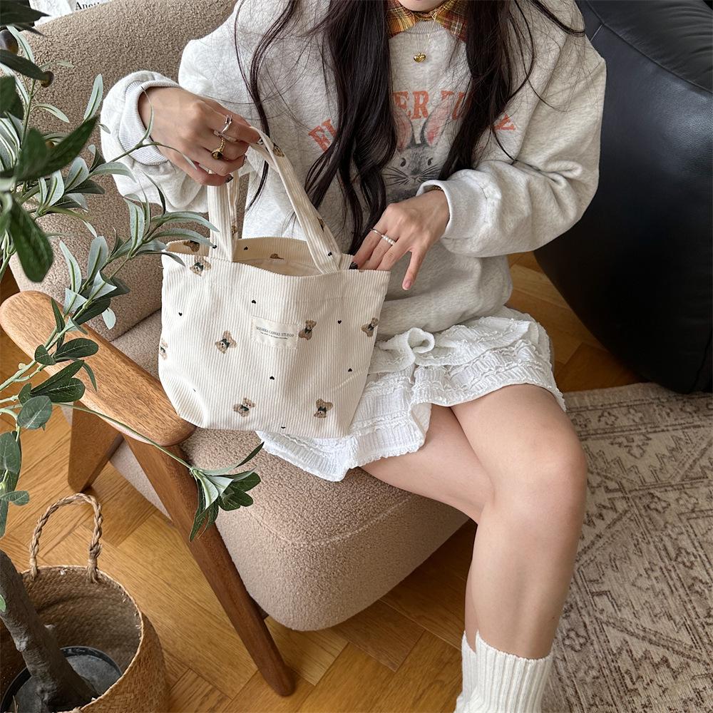Corduroy Bear Handbag for Women, Outer Carry Bag, Lunch Bag, Student Small Lunch Box