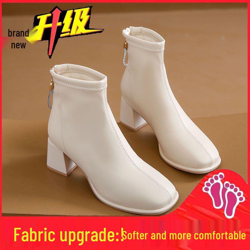 

Korean Style 2025 Genuine Leather Chunky Heel Square Toe Boots for Women - Autumn/Winter Martin Slimming High Heels Size 35