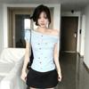Korean Dopamine Color Polka Dot Slanted Shoulder Short-sleeved T-shirt for Women's Summer Waist and Thin Sweet Spice Girl Off-the-shoulder Small Top