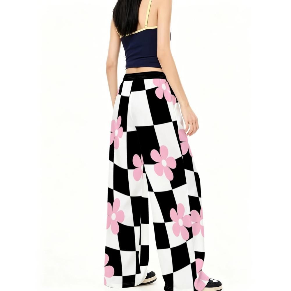Ladies casual trousers, retro wide-leg trousers, plaid bohemian print, comfortable and breathable