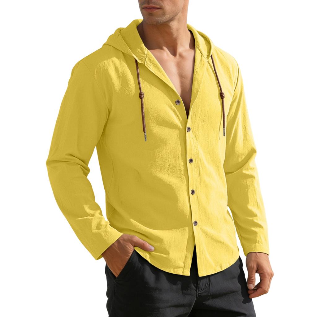 Herren Langarm Button-Down Hemd mit Kapuze Lässig Leicht Kordelzugkapuze Entspannte Passform Oberteil für den Alltag