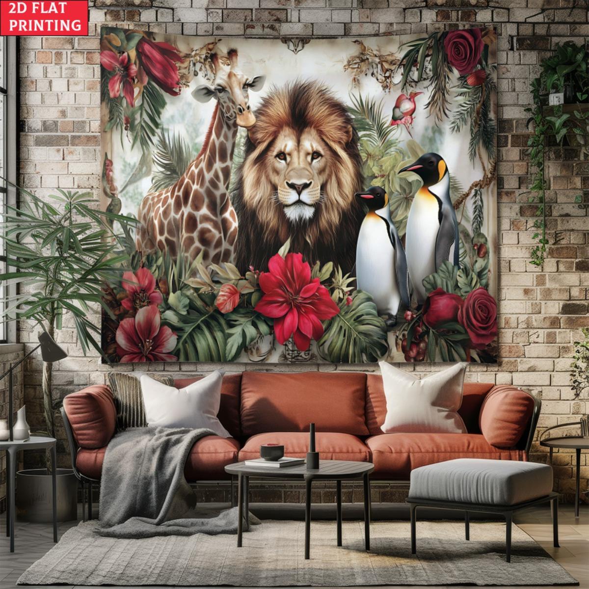 

Vintage Jungle Animals Tapestry Lion Giraffe Penguin with Floral Border Wall Hanging Boho Room Decor suitable offices bars party 74x94cm(29x37in)