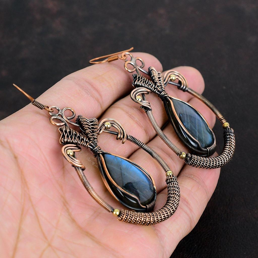 Labradorite Earring Copper Wire Wrapped Earring Gemstone Earrings Labradorite Copper Jewelry Anniversary Gifts Handmade Wire Wrapped Jewelry