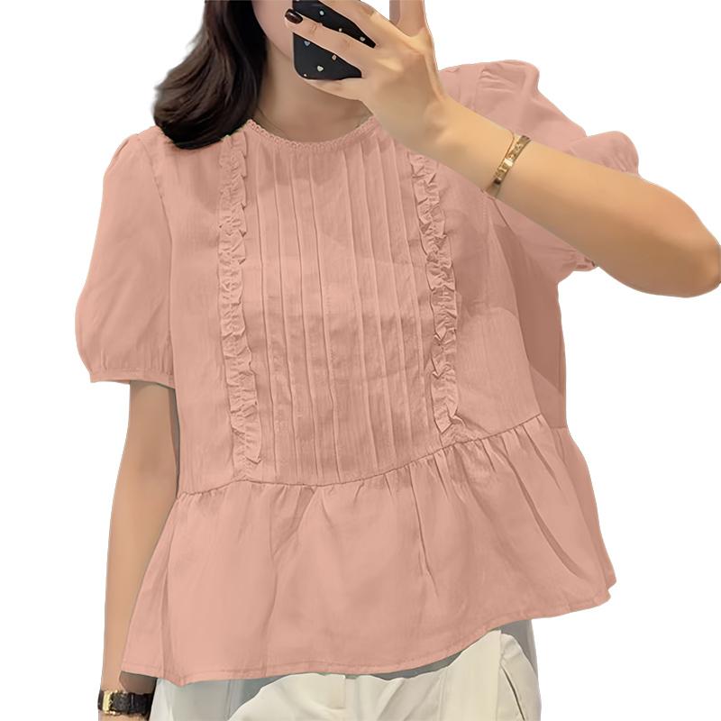 ZANZEA Dame Casual Rund Hals Løs Sommer Kort Erm Bluse