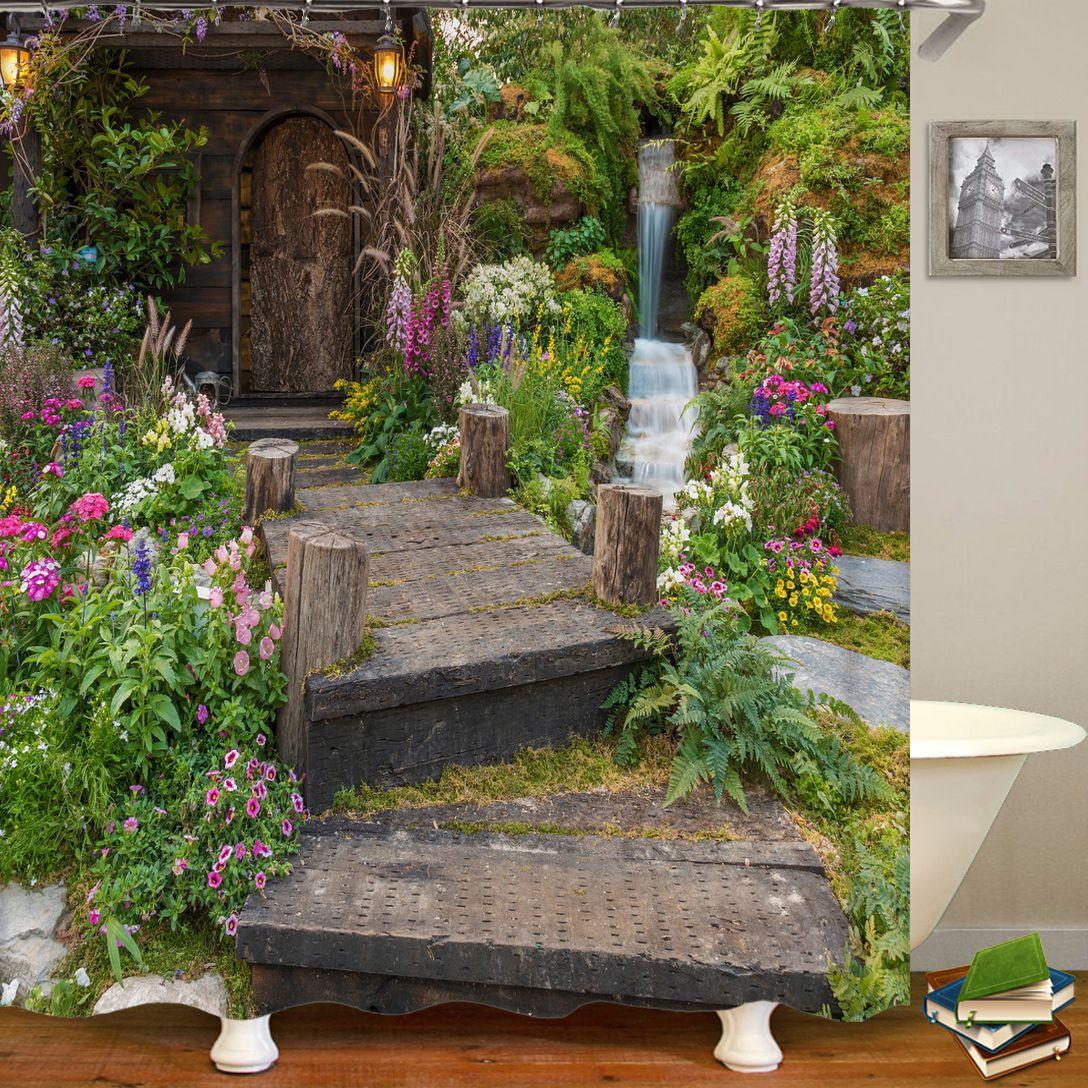 Monika Chen Garden Flowers Rural Landscape Fabric Shower Curtain Bathroom Curtains Idyllic Scenery Waterproof Bath Screen With 12 Hooks