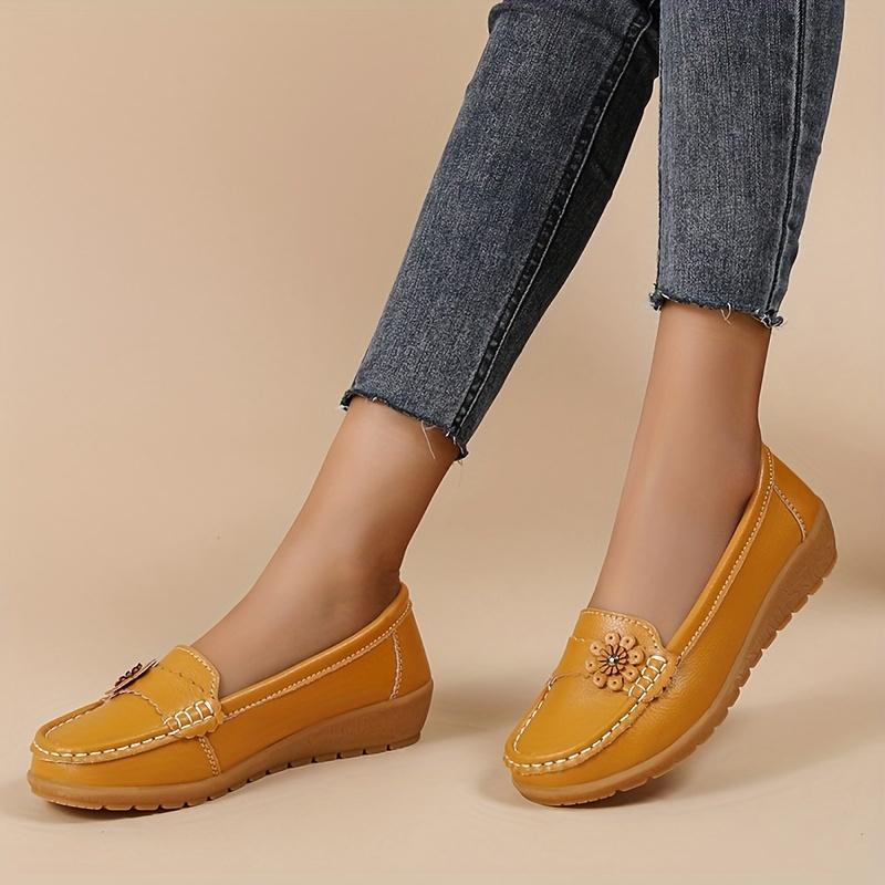 Women's Flower Decor Flat Loafers, Casual Solid Color Slip On Shoes, Lightweight & Comfortable Shoes
