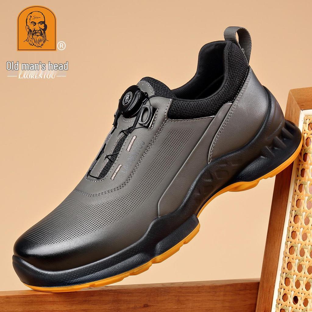 Laorentou Men's Genuine Leather Slip-On Running Shoes with Breathable Mesh and Rotating Buckle.