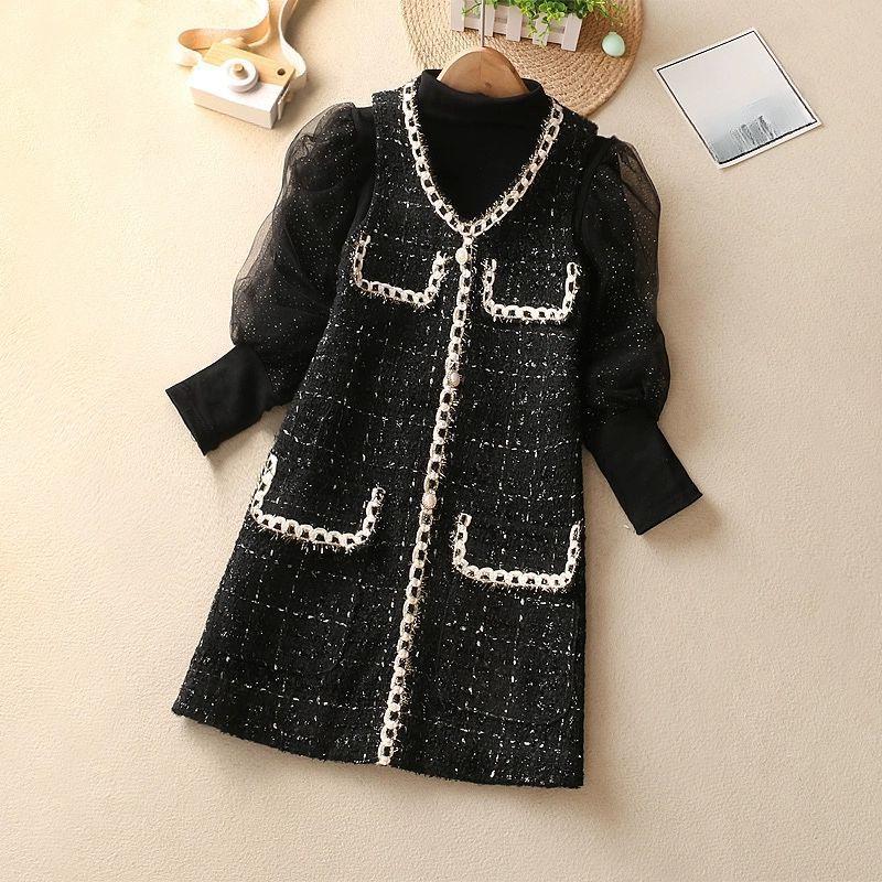 

2025 Чорний двокомпонентний набір: сукня-жилет принцеси для дівчинки на осінь/зиму 170 Chanel Style Outfit Skirt чорний