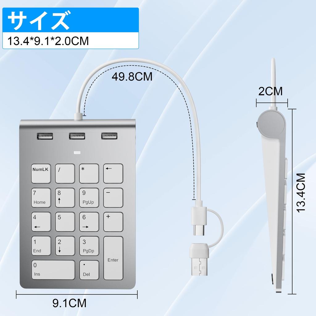 Slim 18-Key Wired Number Pad for Mac with Type-CUSB-A Type-CUSB-A Hub, 3 USB 2.0 Ports, One-Handed Device for Mac, External PCLaptop, Windows, iOS,