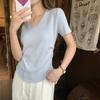 Small Fresh Green Simple V-neck Front Shoulder Short-sleeved T-shirt Women's Summer Design Wrinkled and Thin Versatile Top