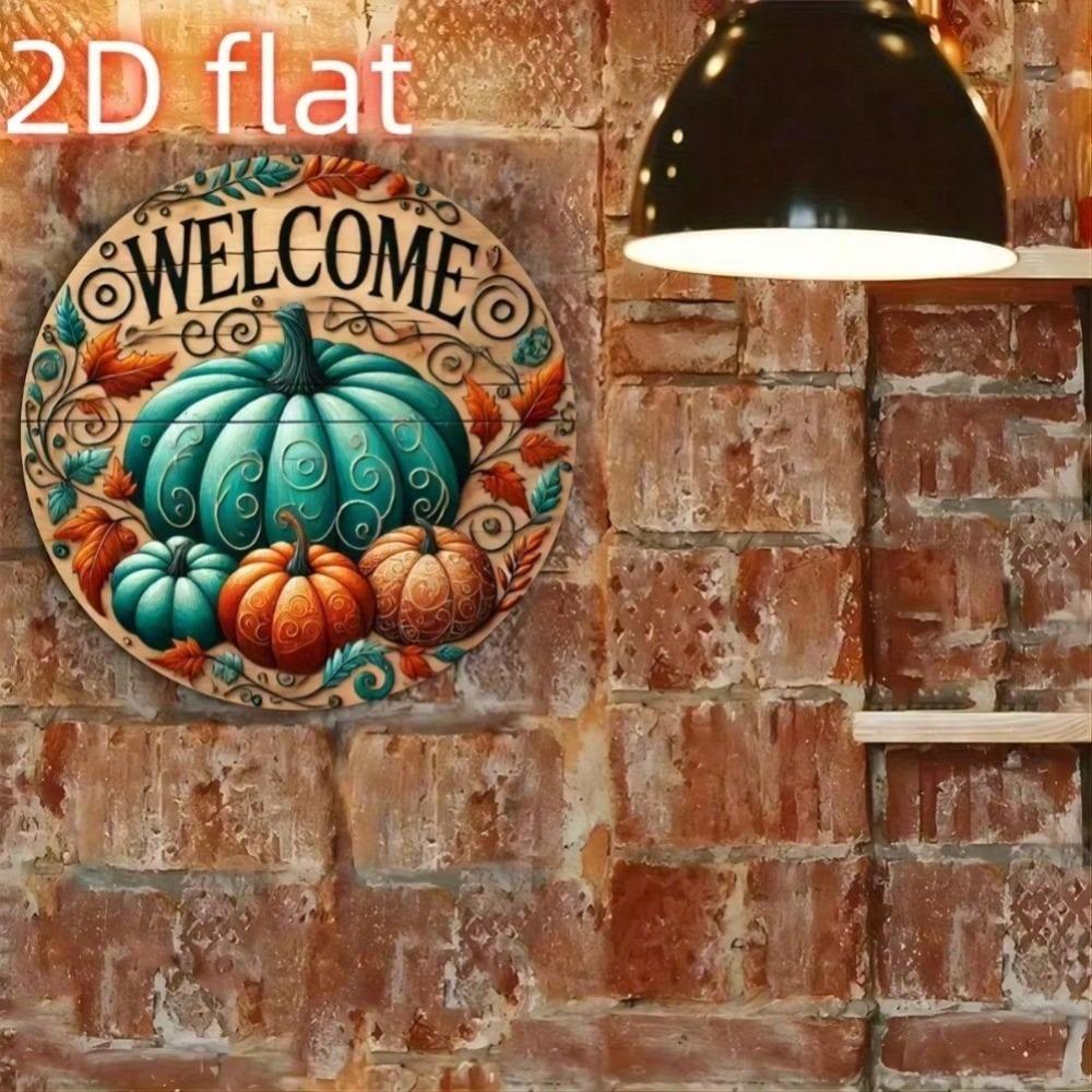 Round Aluminum Pumpkin Fall Sign, 2D Flat Welcome Plaque, Rustic Autumn Wall Art, Weather Resistant Metal Decor for Home