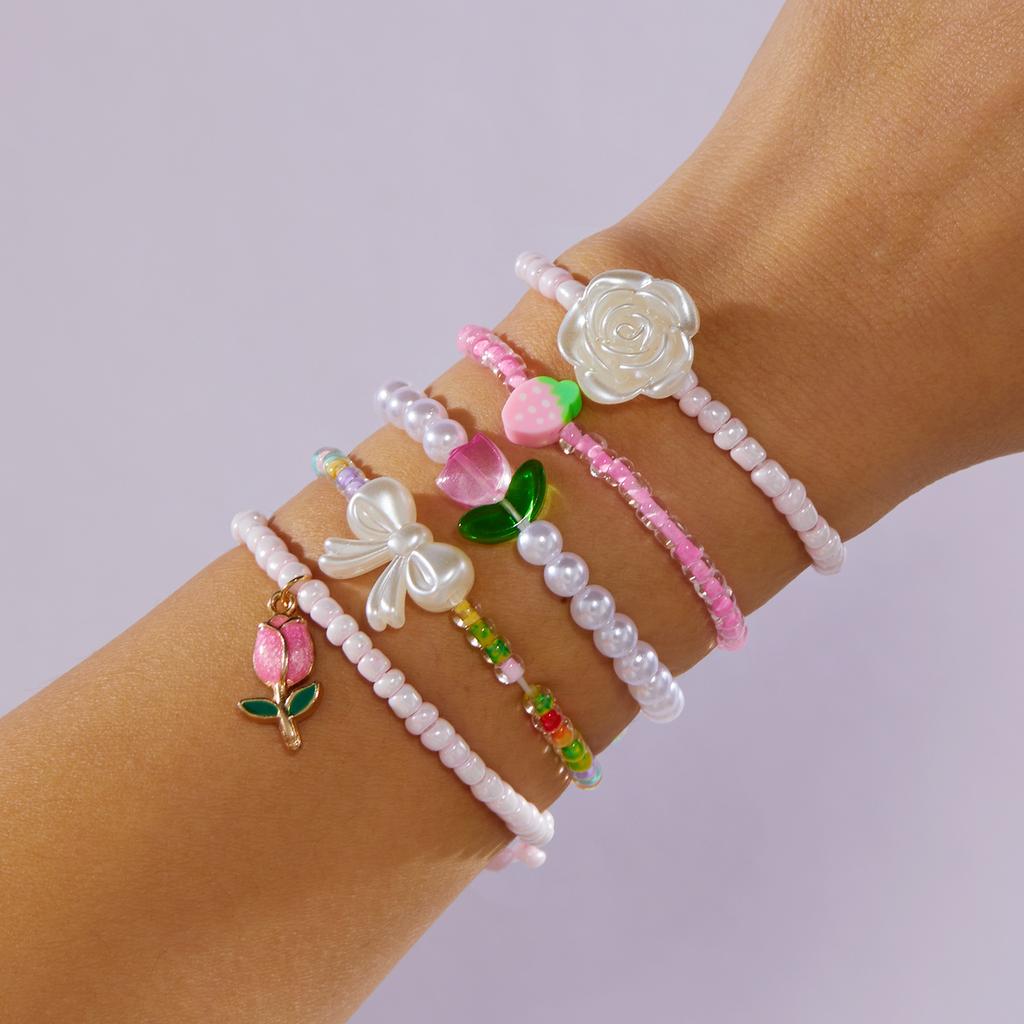 Sweet Pink Rice Bead Bow Bracelets Set for Women Bohemian Summer Shell Starfish Flower Bracelets Trendy Multi Layer Jewelry