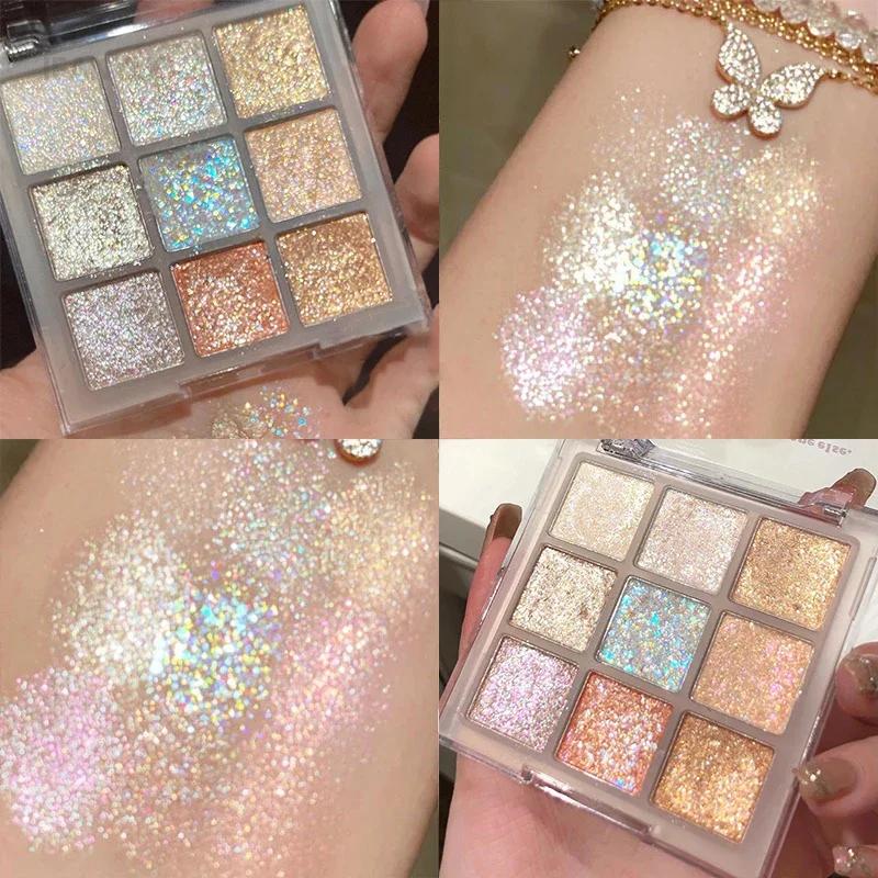 9 Farben Glitzer Lidschatten Palette Erdton Perlmutt Lidschatten Schimmer Highlights Funkelnde Pailletten Blau Lila Augen Make-up white