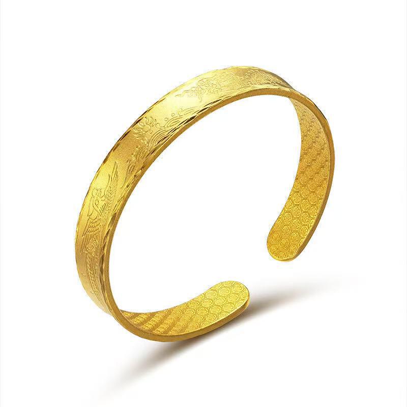 Gold-Plated Dragon & Phoenix Bangle - Women's Simulated Gold High-End Wedding Jewelry