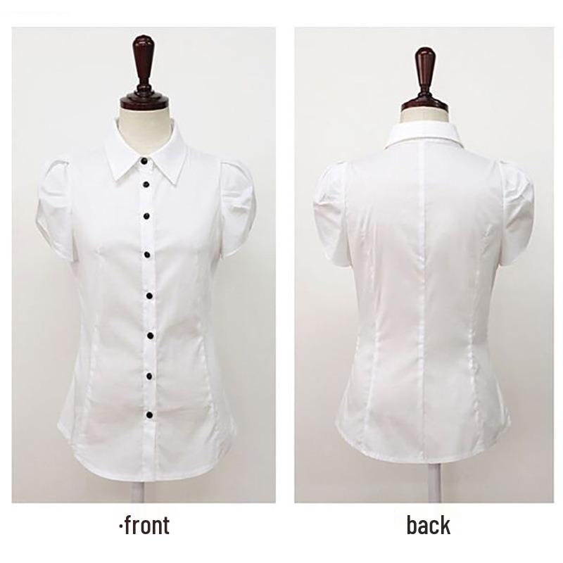 Bluză Albă cu Volane Stil Coreean pentru Femei - Top Profesional Slim Fit de Vară cu Mânecă Scurtă