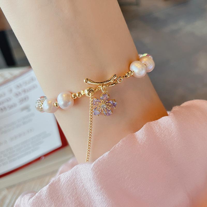 Hot Sell Elegant Natural Freshwater Pearl Shiny CZ Zircon Flower 14K Gold Filled Female Bracelet  For Women 2025 Gifts