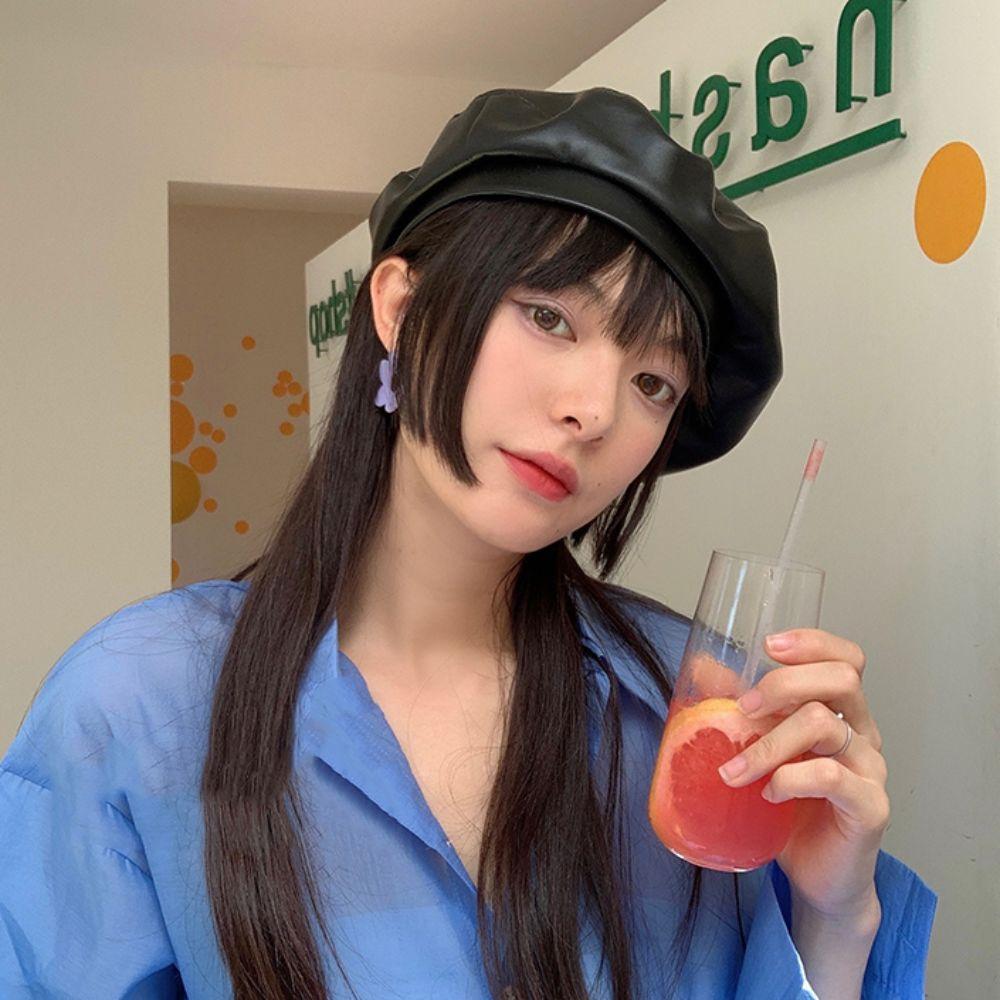Solid Color PU Beret Retro Newsboy Cap Personality Flat Top Ladies