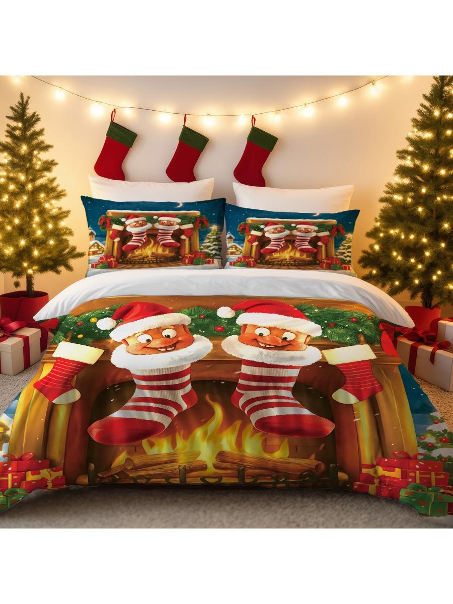 

3pcs Red Christmas Stocking Printed Coreless Bedding Set Soft Comfortable for Dormitories Bedrooms with Multiple Sizes 140x210cm-AU-Single&set